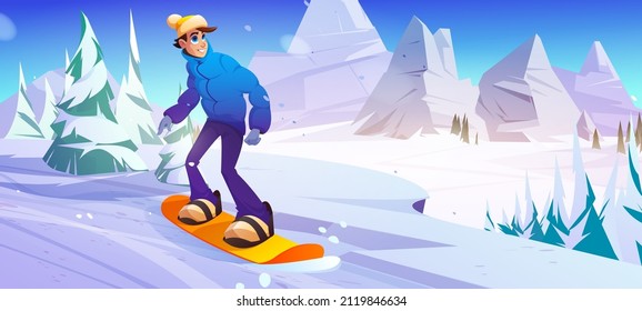 Man rides on snowboard on slope in mountains. Vector cartoon illustration of winter landscape with white downhill, trees, rocks and snowboarder person. Extreme sport activity concept