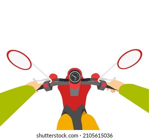 A man rides a red moped isolated on a white background. First person view. Flat style. Vector illustration