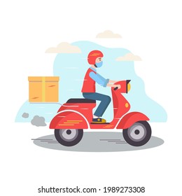 A man rides a red scooter Delivery service. With a background of sky and clouds. Vector illustration.