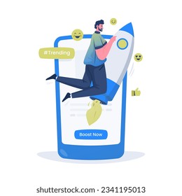 A man rides a rocket for boost content illustration on social media