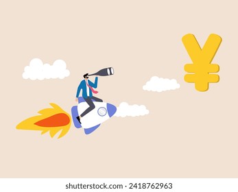 A man rides a rocket, using binoculars to focus on the yen currency. This visual embodies the aspiration for financial success with careful observation of the financial market.