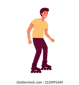 man rides to roller skate outdoors. Cartoon flat character design isolated .Leisure, recreational activity and sport spare time concept