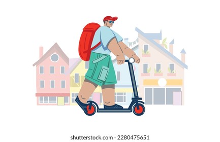 A man rides a scooter against the backdrop of the city.