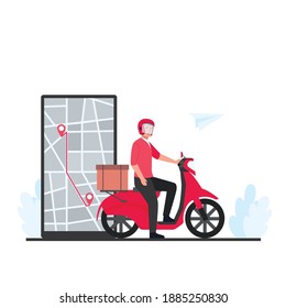 Man rides scooter with box. Package delivery to destination  concept. Package delivery tracking notification on phone metaphor.