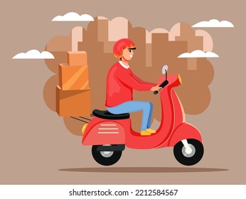 A man rides a scooter to deliver groceries. Loader. Fast shipping. Vector stock illustration. Truck. City. Modern system of online ordering products and things