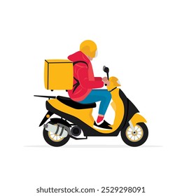 A man rides a scooter to deliver a package. The scooter is in black and yellow details