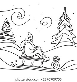 a man rides a sleigh. One line art. vector illustration. winter composition