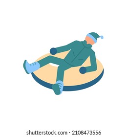 Man rides snow tubing in the snow isolated on white background. Happy male character with goggles and ski suit. Flat Art Vector Illustration