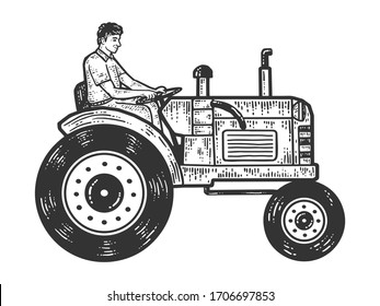 Un hombre monta un tractor. Esbozar imitación de tablero de arañazos. Blanco y negro. Gráfica vectorial de grabado