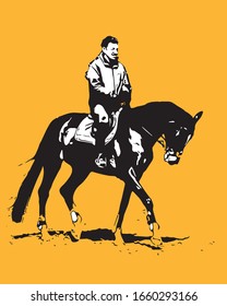 man rides a trot on a horse, isolated black silhouette on a orange background