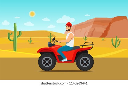 Man riding a ATV motorcycle. Desert landscape with cactus. Vector flat style illustration