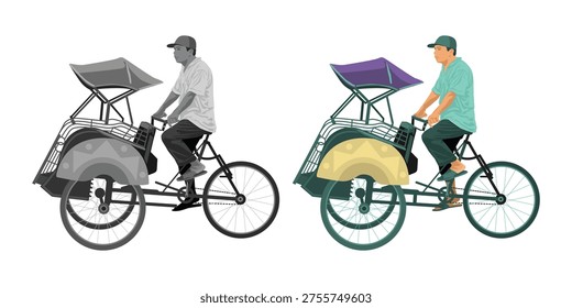 Man riding becak pedicab vector illustration for element design.