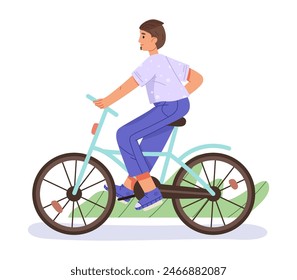 Man riding bicycle. Active bike riding, male character on bike, young cyclist ride bicycle flat vector illustration. Guy riding bike on white background