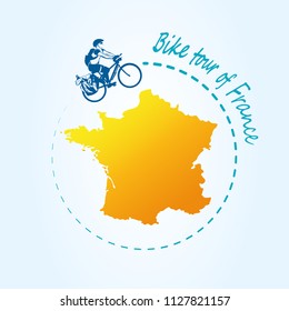 Man riding bicycle around France. Travel the world by bike. Map of France. Modern design for active rest  the country. Vector illustration eps 10.