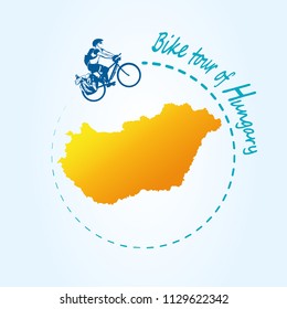 Man riding bicycle around of Hungary. Travel the world by bike. Map of Hungary. Panorama for active rest the country. Modern design journey for postcard or poster, advertising or banner. EPS10