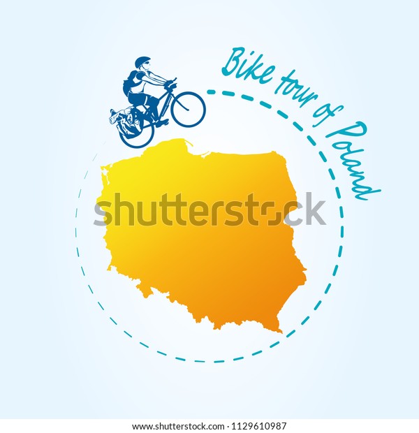 Man\
riding bicycle around of Poland. Travel the world by bike. Map of\
Poland. Panorama for active rest the country. Modern design journey\
for postcard or poster, advertising or banner.\
EPS10