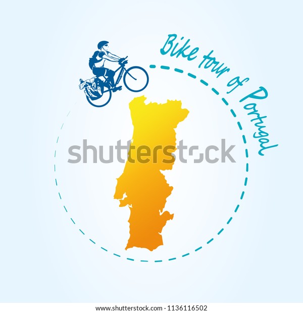 Man riding bicycle around of Portugal. Travel the\
world by bike! Map of Portugal. Panorama for active rest the\
country. Modern design journey for postcard or poster, advertising\
or banner. EPS10