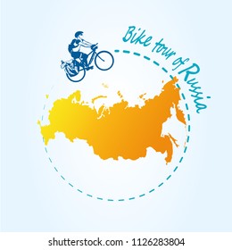 Man riding bicycle around of Russia. Travel the world by bike! Map of Russia. Panorama for activity travel for the country. Vector illustration eps 10.