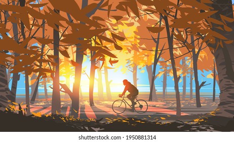 man riding a bicycle in the autumn forest park in the sunny morning, vector illustration