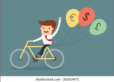 man riding bicycle with balloon money sign concept of financial freedom