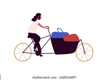 Man riding bicycle with basket and shopping bags flat vector illustration. Middle aged guy at urban vehicle. Male cartoon character riding eco transport. City trip isolated on white background.