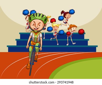 Man riding bicycle with cheerleaders in the background