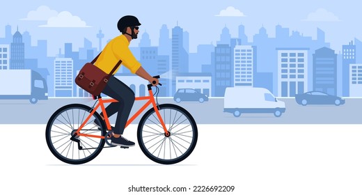 Man riding a bicycle in the city street, sustainable mobility concept, blank copy space