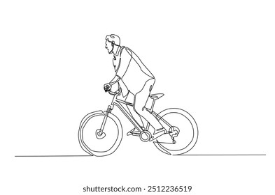 Man riding bicycle continuous one line drawing. Riding bike single line art illustration. Editable vector.