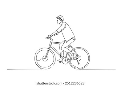 Man riding bicycle continuous one line drawing. Riding bike single line art illustration. Editable vector.