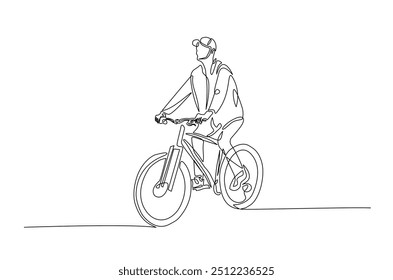 Homem andando de bicicleta contínua um desenho de linha. Ilustração de arte de uma única linha de bicicleta. Vetor editável.