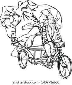 The man is riding a bicycle courier with three wheels to collect plastic bags transporting goods.