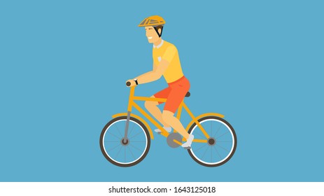 Man riding bicycle. Cute sportsman isolated on blue background. Male bicyclist taking part in sports race. Concept of cycling, healthy outdoor activity. Flat cartoon vector illustration