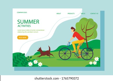 Man riding a Bicycle with a dog in the Park. The concept of an active lifestyle, outdoor activities. Cute summer illustration in a flat style.