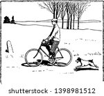 A man riding bicycle and dog running behind him, trees in background, vintage line drawing or engraving illustration