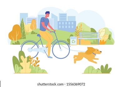 Man Riding Bicycle with Dog Running near in Park.