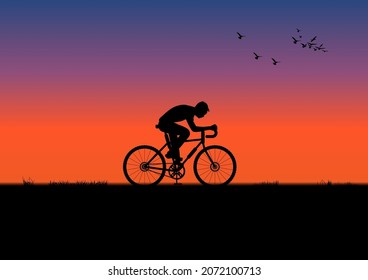 a man riding a bicycle in evening with light of sunset and orange silhouette of sunset vector illustration