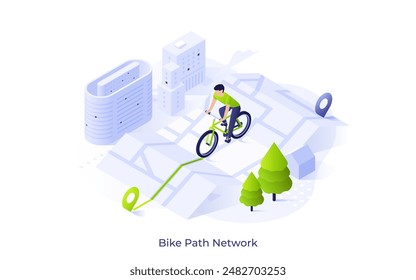 Man riding bicycle finding route with online map. Bike path network concept isometric vector illustration. Rider choosing sustainable vehicle for travelling cartoon character colour composition