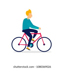 Man is riding a bicycle. Flat illustration isolated on white background.