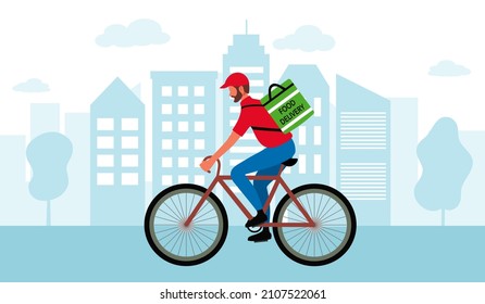 Man riding bicycle for food delivery service in flat design on city background.