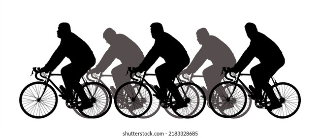 Un hombre montando una bicicleta. Un tipo en bicicleta de carretera. Un grupo de hombres va uno al lado del otro en bicicleta. Carrera deportiva. Concursos de ciclismo. Cinco siluetas macho negras aisladas en blanco