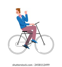 Man riding bicycle, happy male cyclist character looking back vector illustration