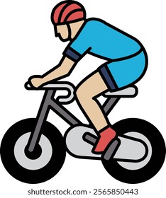 A man is riding a bicycle. He is wearing a blue shirt and red shoes. The bicycle is black and silver