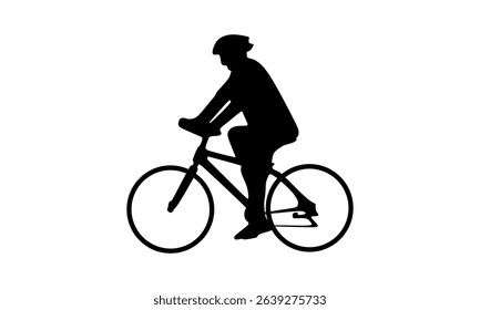 Man riding a bicycle with helmet, silhouette vector illustration on white background. Editable EPS design suitable for cycling, sport, and transportation themes.