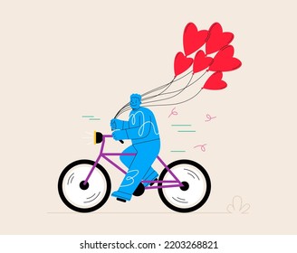 Man riding bicycle and holding red heart balloons. Happy Valentine's Day. Colorful vector illustration 
