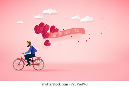 A man riding bicycle  and holding red heart balloons. Love concept. Happy Valentine's Day wallpaper, poster, card. Vector illustration