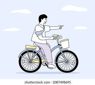 A man riding a bicycle illustration set. Tie, office worker, motorcycle, go to work, go home. Vector drawing. Hand drawn style.