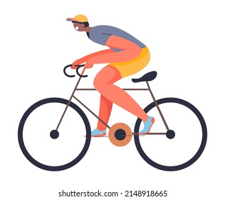 Man riding bicycle, isolated cyclist male character, practicing teenager. Preparation for tournament or sportive competition. Transportation and recreation on summer vacation. Vector in flat style