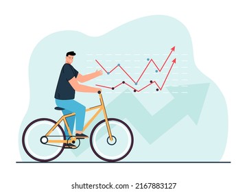 Man riding bicycle. Male character in casual clothes on bike. Ecology chart in background. Active lifestyle concept for website or landing page concept for website or landing page