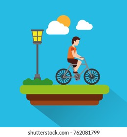 man riding bicycle with meadow lapm light cloud and sun scene shadow