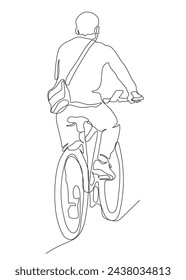 Man riding bicycle. Mobile phone mounted on steering wheel. Rear view. Continuous line drawing. Black and white vector illustration in line art style.